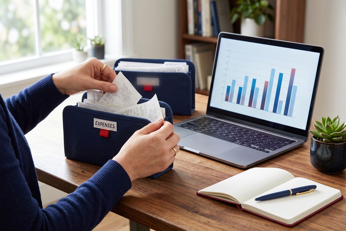 Hands organizing receipts into folders next to a laptop showing a bar chart
