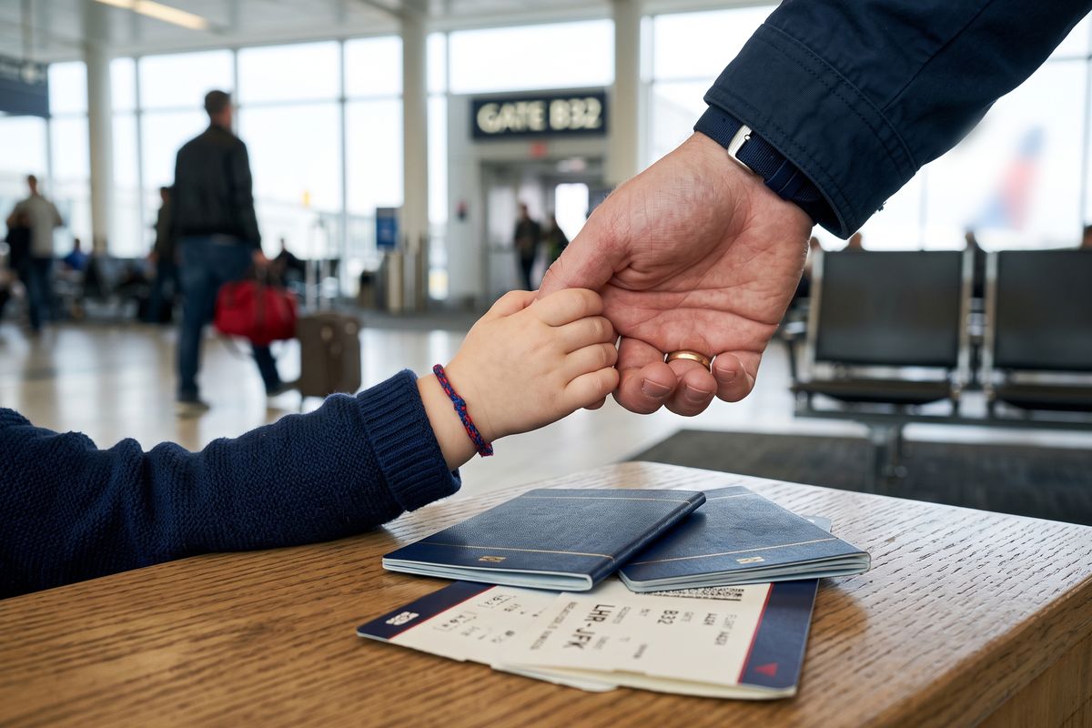 Parent holding a child's hand at an airport, with two passports on the table